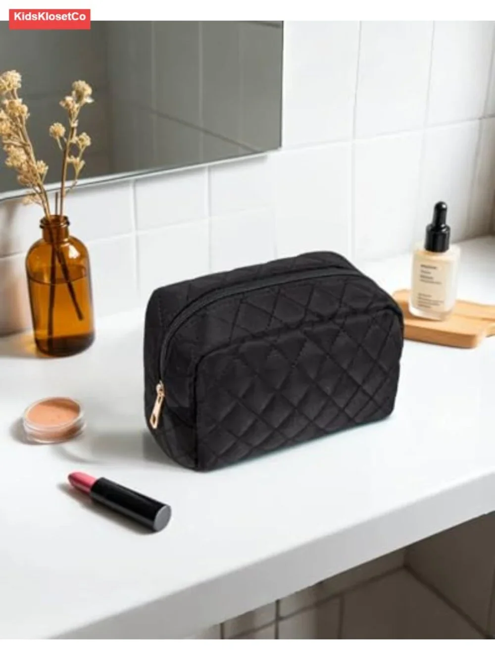 Quilted Travel Makeup Bag Water-Resistant Cosmetic Organizer Zipper Pouch